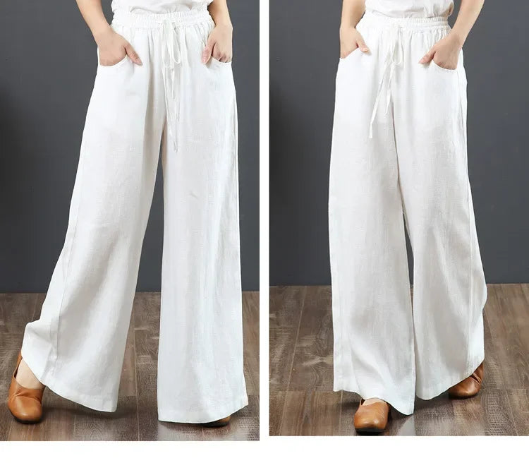 Women Retro Tai Chi Loose Wide Leg Pants Casual Cotton Linen High Waist Pants Mopping Straight Trousers Daily Wear Streetwear