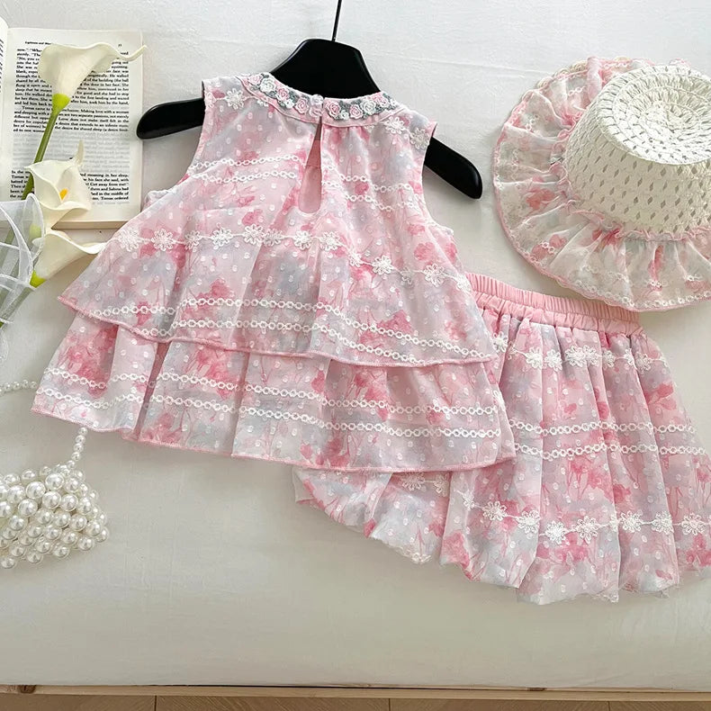 Baby Girls Summer Clothes Sweet Lace Embroidery Flowers 3pcs Sets Tops Shirts+shorts+hat,Kids Children Princess Clothes