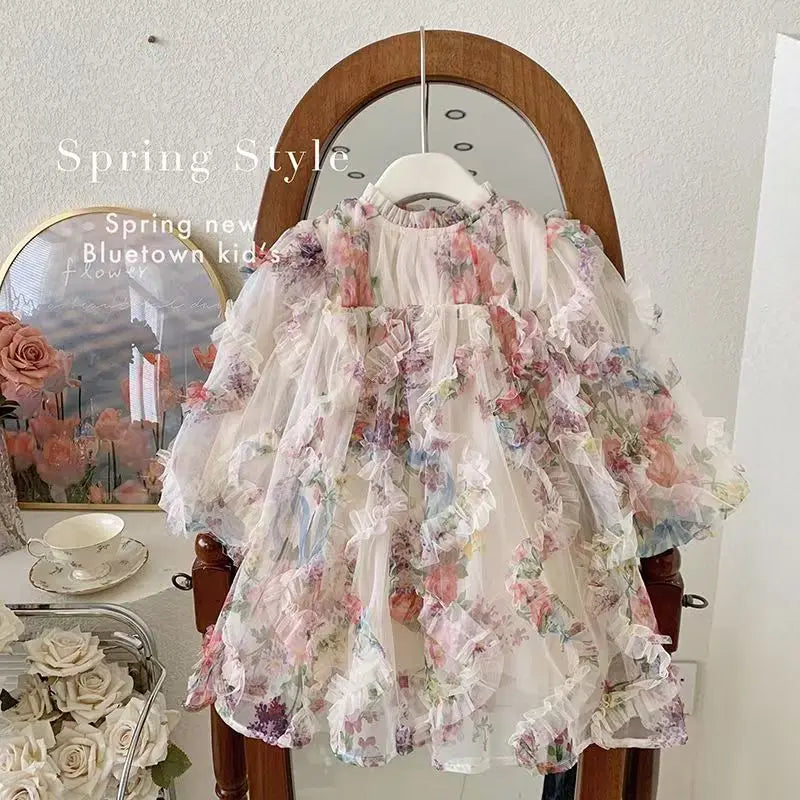 New Baby Girls floral print Fall Mesh Long Sleeve Dress Princess Kids Sweet Party Dresses