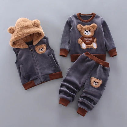 Boys Girls Fleece Sets Winter Warm Suit Children Cartoon Coat Tops Pants 3Piece Baby Hooded Autumn Outfits Kids Fashion Clothes