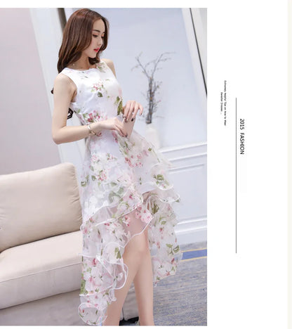 Summer High Low Retro Dress Vintage Women Sleeveless Front Back Short Long Organza Lace Dress Ladies Elegant Party Dress