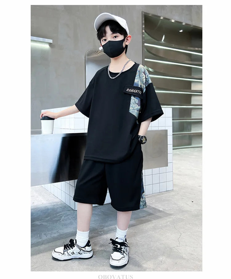 Boys Summer Suit Kids Short Sleeve T-Shirt Sports Casual Outfits for Teenage Boy Clothing Sets With Cartoon Bear