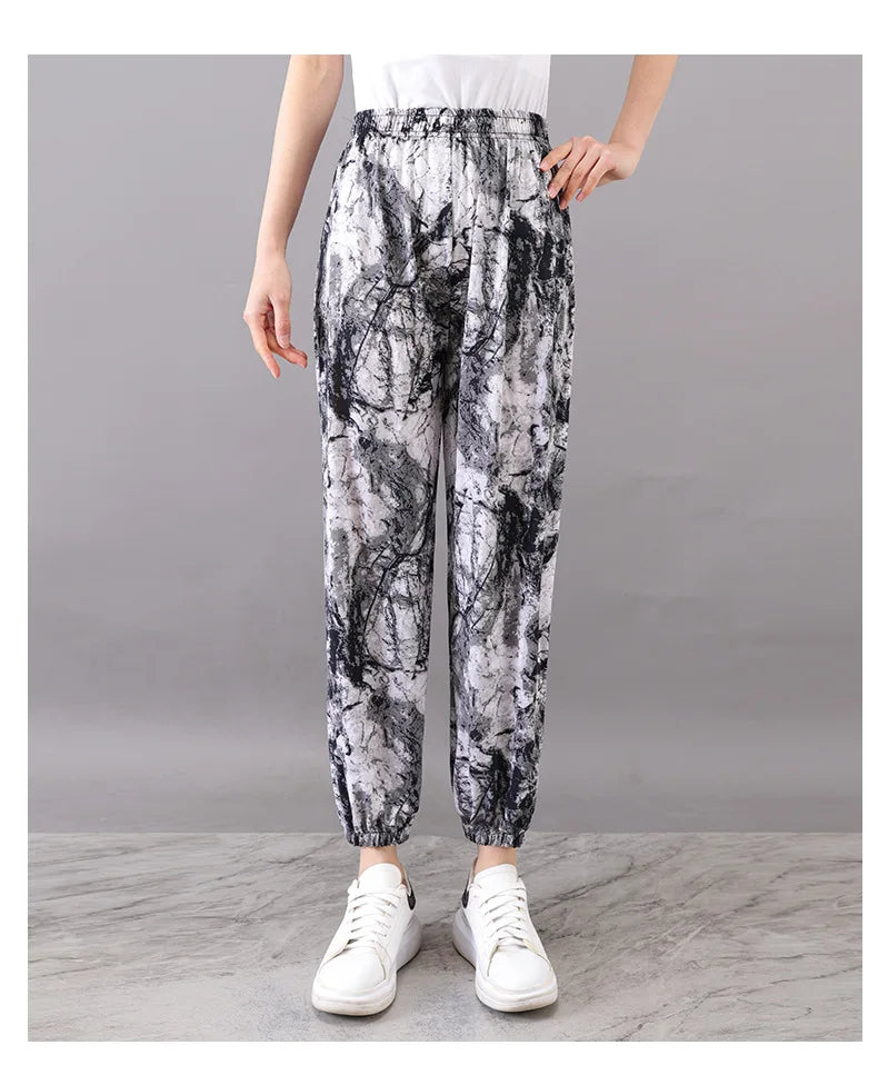 High Waist Floral Pants Straight Leg Home Leisure Women's plus Size High Elasticity Air Conditioning Pants Casual Trousers