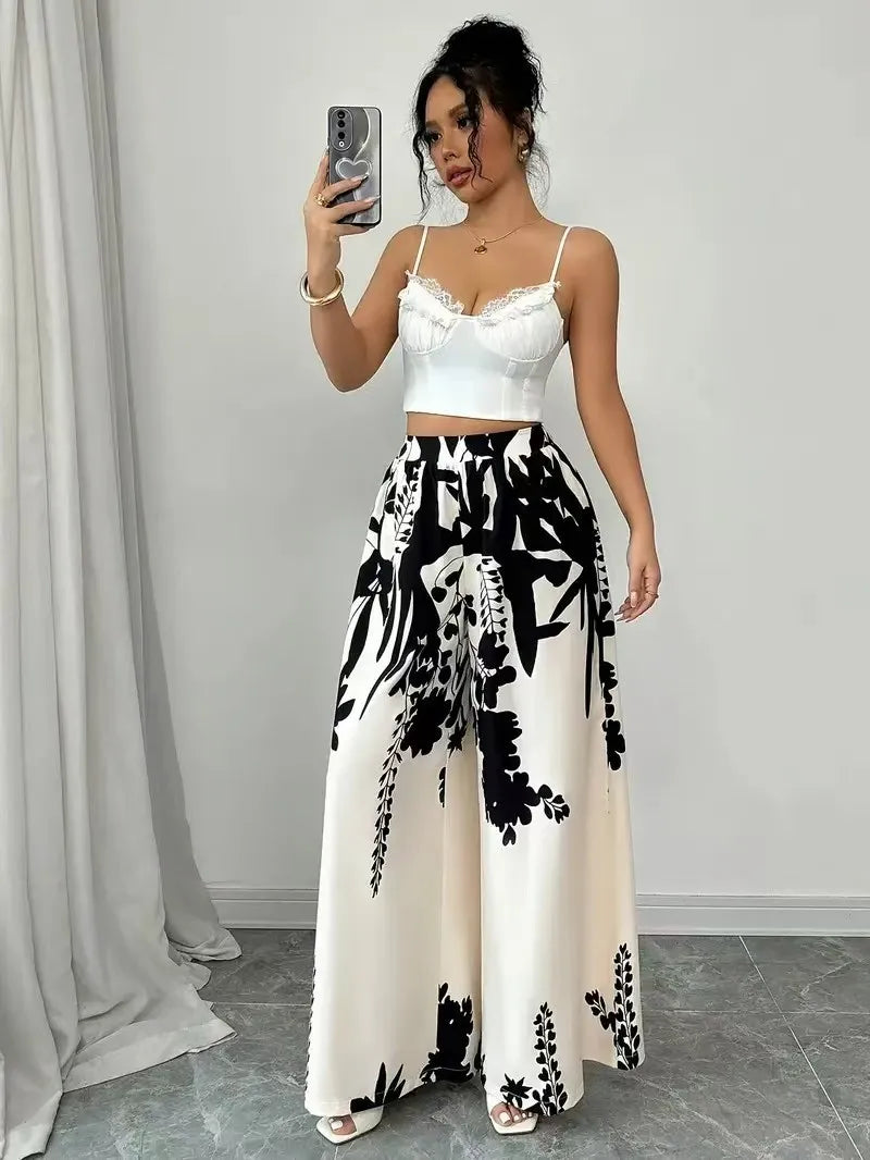 Women's fashion printed, lace-up, waist-cinching, slim-fit casual trousers for women