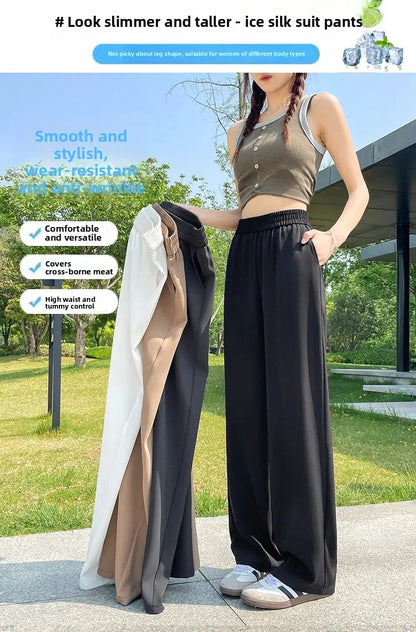 Slim Wide Leg Pants High Waist Drapey Thin Ice Silk Grey Small Size Straight Cut Women's Summer Trousers Long Pants