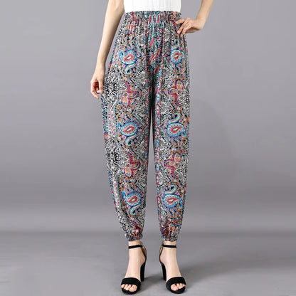 High Waist Floral Pants Straight Leg Home Leisure Women's plus Size High Elasticity Air Conditioning Pants Casual Trousers