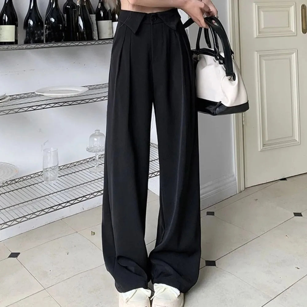 Simple Loose Straight Leg Pants Workout Trousers High Waist Casual Pants Women Drape Feeling Autumn Flip Up Suit Pants Female