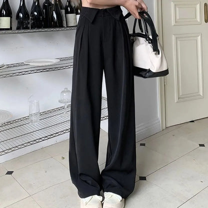 Simple Loose Straight Leg Pants Workout Trousers High Waist Casual Pants Women Drape Feeling Autumn Flip Up Suit Pants Female