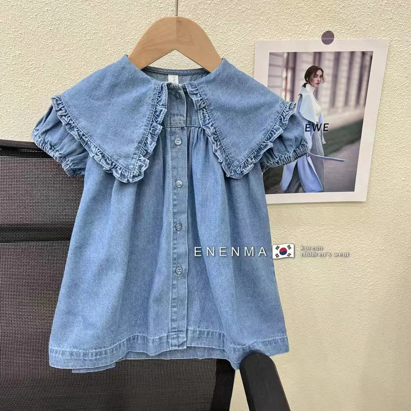 Children's Dress Summer Girl's Fashionable Bubble Sleeves Denim Dress Baby Cotton Short Sleeves Flip Collar Princess Dress