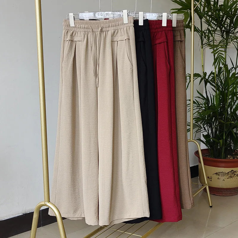 Summer Ice Silk Wide Leg Pants Women's Loose Casual Long Trousers High Waist Korean Sle Polyester Fiber Drapey Sumi Pants