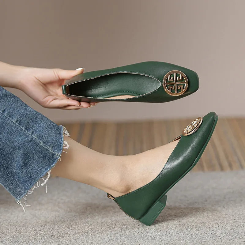 Women's square toe low heels solid color retro Casual flat shoes