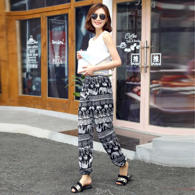 Women's Mosquito-proof Cotton Silk Beach Summer Casual Flower Pants Artificial Cotton Summer Sleeping Pants Thin Adult Bloomers
