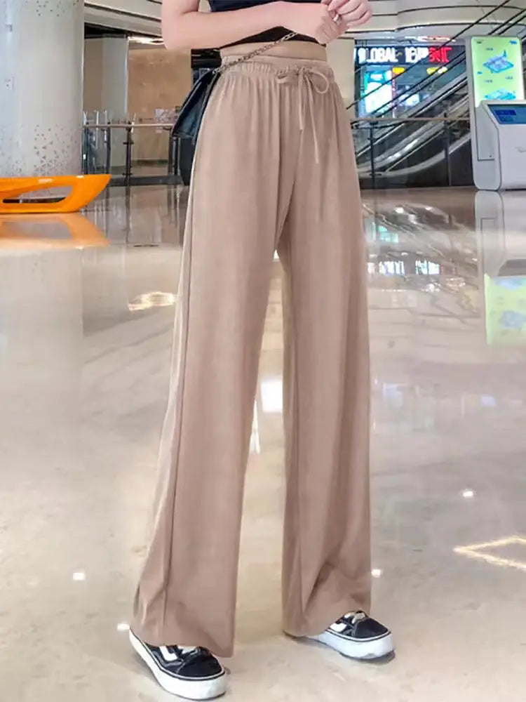New Women Ankle-Length Wide Leg Pants Casual Summer Solid Elastic Waist Loose Ice Silk Pants Spring Summer Female Trousers