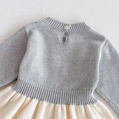 2024 New Autumn Kids Princess Dresses Long Sleeved Knitted Splicing Baby Girl Knitting Party Dress Children Knitting Clothes