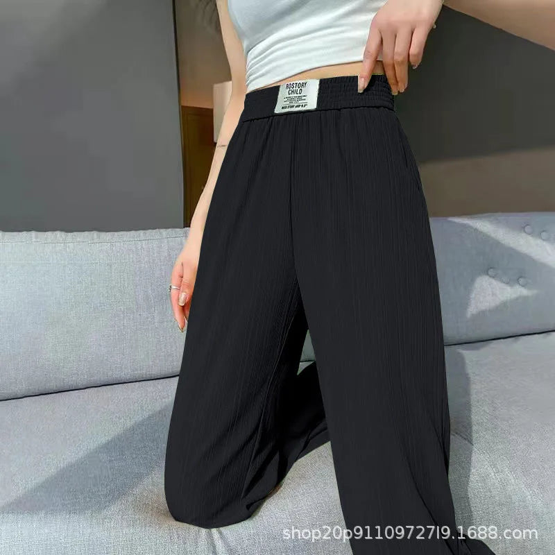 Ice Silk Wide Leg Pants Women's Spring Summer Autumn Thin High Waist Loose Straight Casual Long Trousers Comfortable Polyeste...