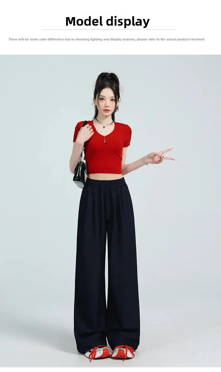 White Ice Silk Wide Leg Pants Women's Summer Thin High Waist Slimming Casual Versatile Elastic Waist Draped Straight Leg Trouser