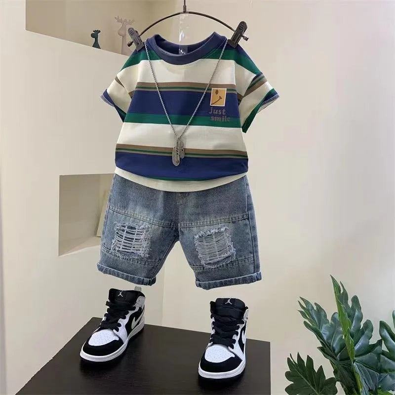 Boys Summer  New Boutique Design Outfits Cotton Set Baby Boys Short Sleeve Shirt Jeans Shorts 2pcs Clothing Children 6 7 8Y