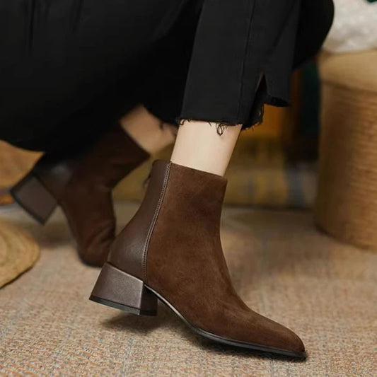 Women's winter boots fashionable round-toe modern leather suede blend ankle boots with zippers on the back, low heel nude boots