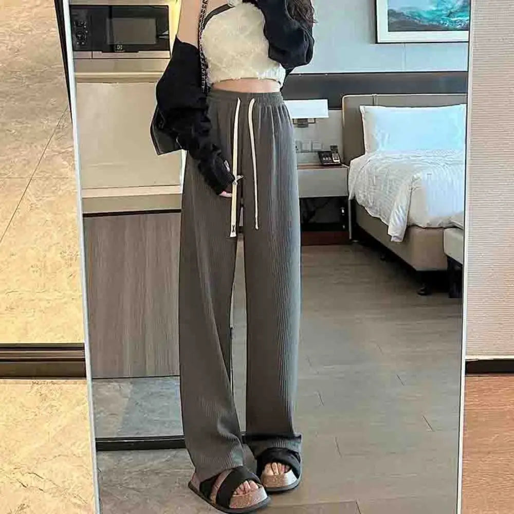 Comfortable High Waist Drawstring Straight Pants Yamamoto Solid Loose Trousers Retro Simple Wide Leg Pants Streatwear