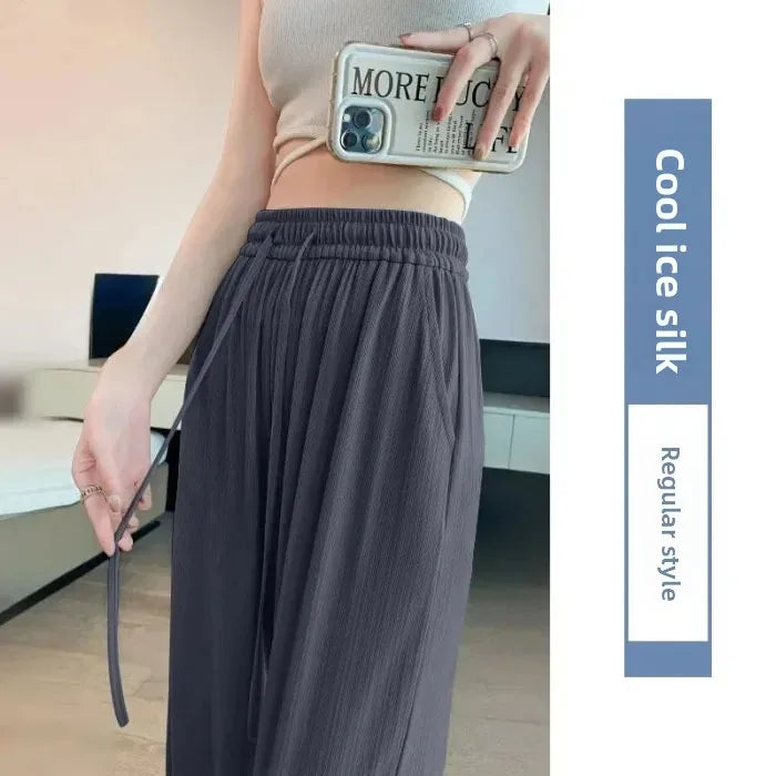 Ice Silk Wide Leg Pants Women's Summer Thin Narrow Version 145 Small Size Drape Straight High Waist Stripe Casual Trousers 150