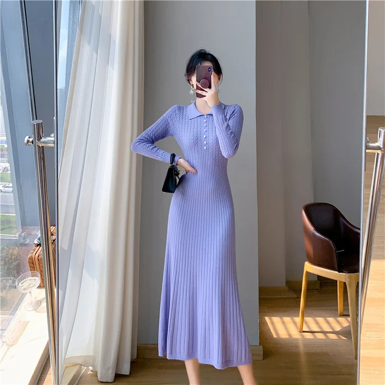 Sweater Dress Women New  Autumn Winter Purple White Or Black High Waist A Line Dress Elegant Long Knitted Dress