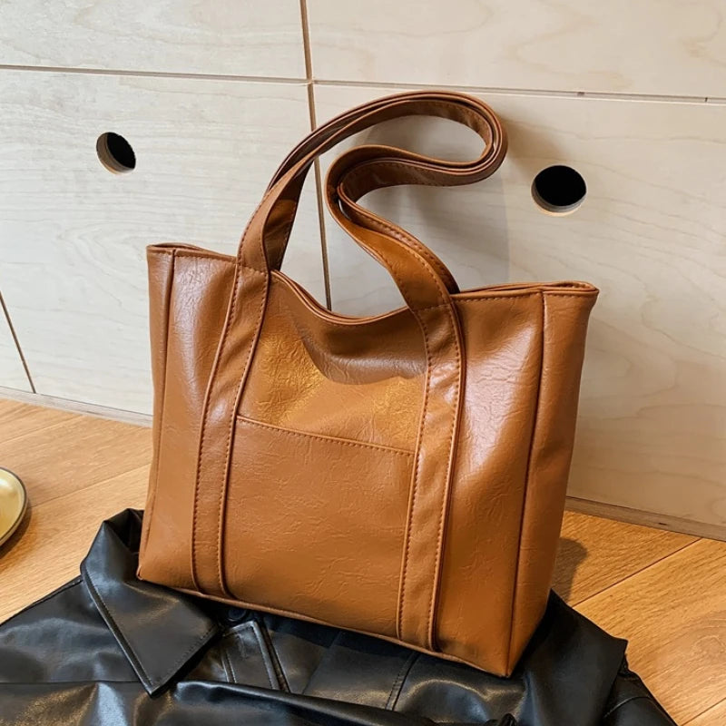 Simple Large Capacity Tote Bags for Women Retro Pu Leather Ladies Shoulder Bag Commuter Portable Girls Student Underarm Handbag