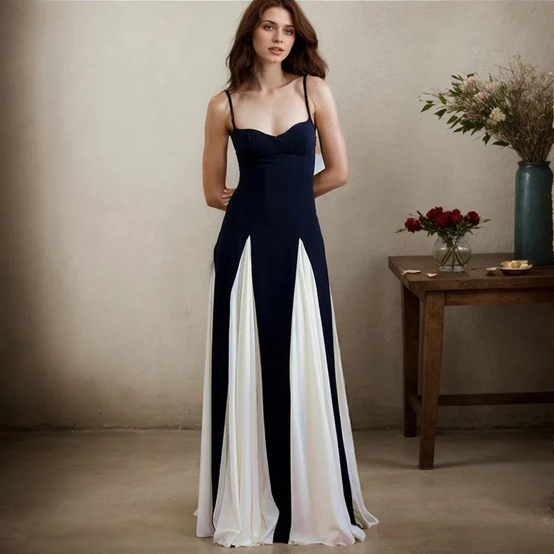 Sexy Sleeveless Women's Slip Dresses Elegant Contrast Color Spaghetti Straps Backless Long Dress Fashion Luxury Party Vestidos