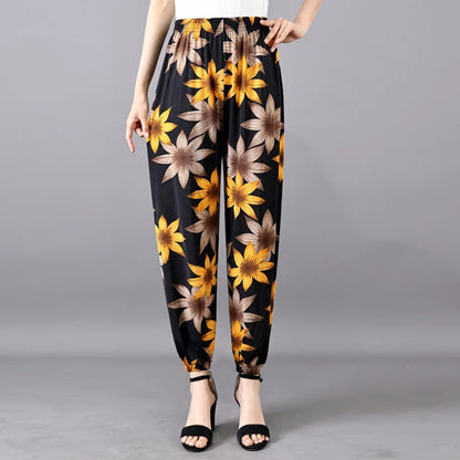 High Waist Floral Pants Straight Leg Home Leisure Women's plus Size High Elasticity Air Conditioning Pants Casual Trousers