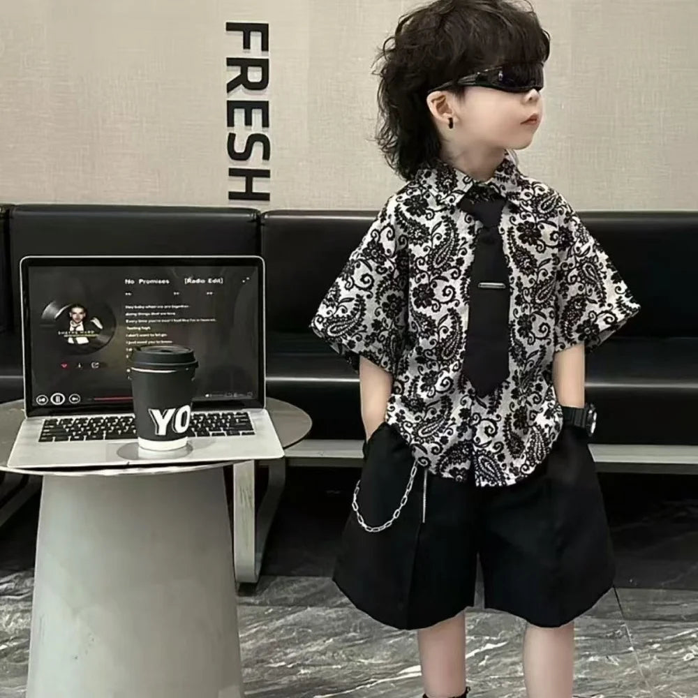 Summer Dress New Handsome Children's Flower Shirt Tie Shorts 3-Piece Set