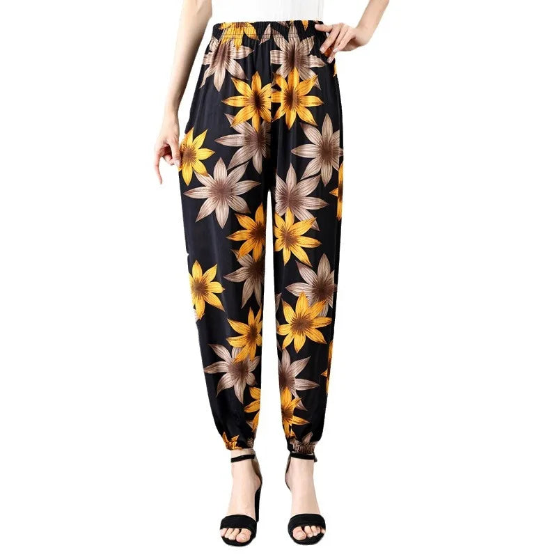 High Waist Floral Pants Straight Leg Home Leisure Women's plus Size High Elasticity Air Conditioning Pants Casual Trousers