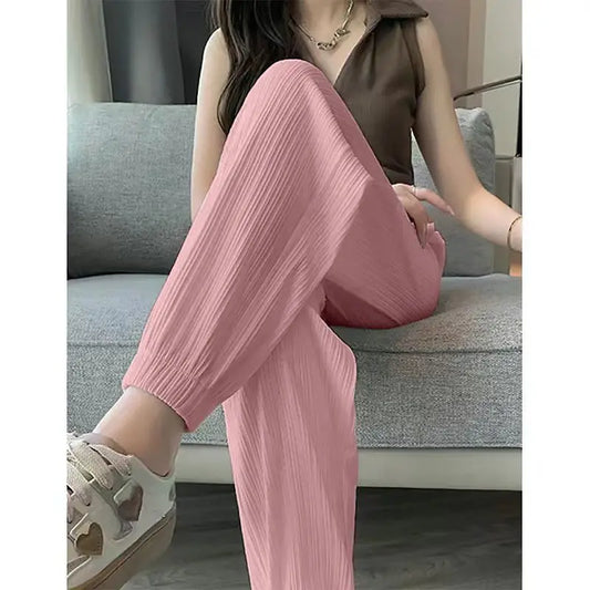 Ice Silk Casual Wide Leg Harem Pants Trousers Solid Elastic Waist Women Clothing Sweet Streetweat Summer Ankle-Length Pants New