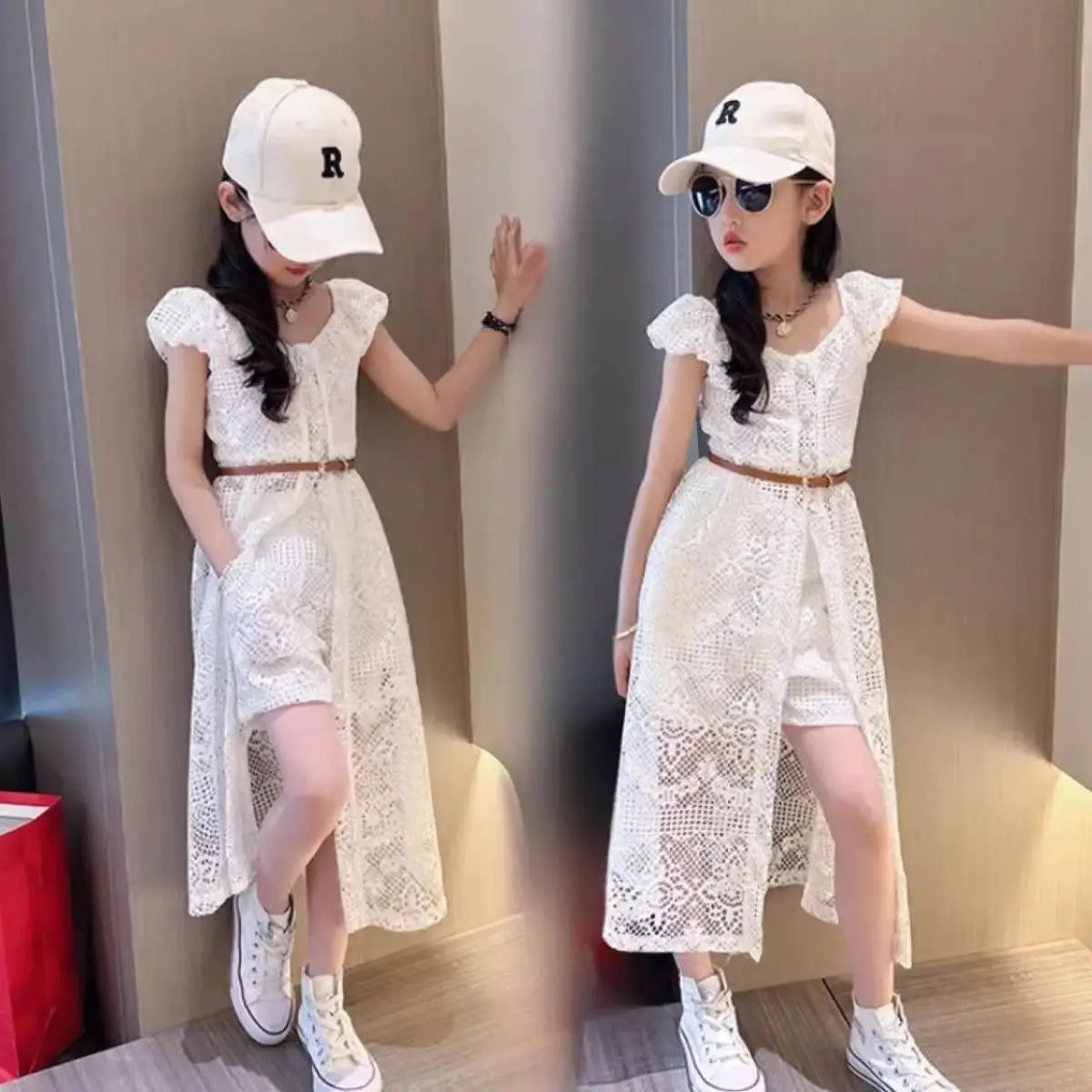 New Fashionable Children's Korean Hollow Lace Dress 2-piece Set