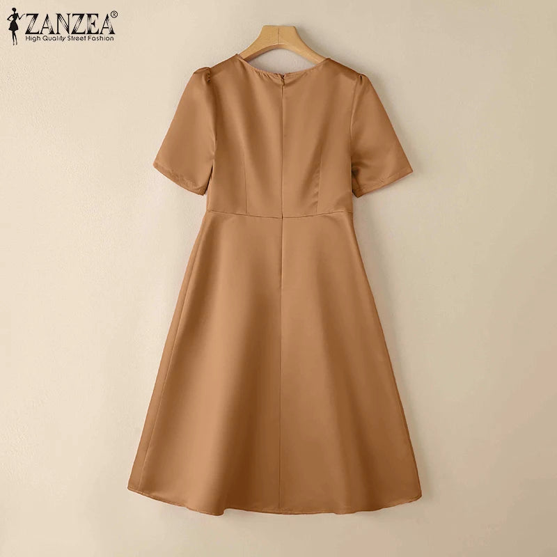 Woman Party Dresses Shiny Satin Round Neck Short Sleeve Fabric Flower A-line Robes Femme Fashion Midi Vestidos