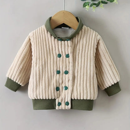 Boys Fall Winter Plaid Button Style Plush Apricot Baseball Jacket Baby Outfit Vertical Stripe Design Soft Fur Infant Clothing