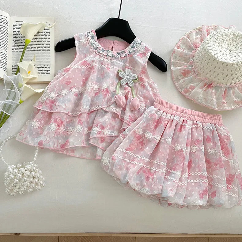 Baby Girls Summer Clothes Sweet Lace Embroidery Flowers 3pcs Sets Tops Shirts+shorts+hat,Kids Children Princess Clothes