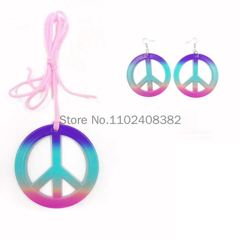 Women 70s 80s Hippie Cosplay Accessories Halloween Party Props Daisy Headband Sunglasses Peace Necklace Hippie Custome wearing
