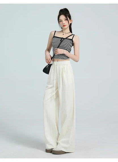 White Ice Silk Wide Leg Pants Women's Summer Thin High Waist Slimming Casual Versatile Elastic Waist Draped Straight Leg Trouser