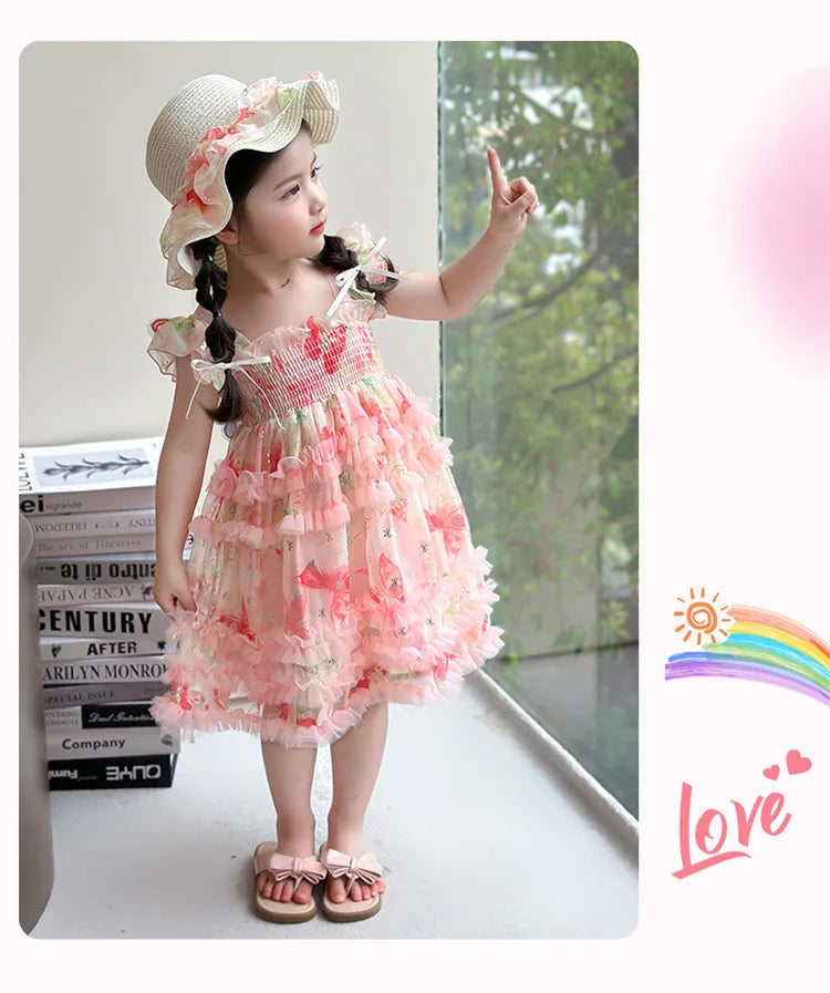 Girl Summer Mesh Dress Doll Baby  Kids Back Butterfly Flower Suspender Princess Dress Fashion Casual
