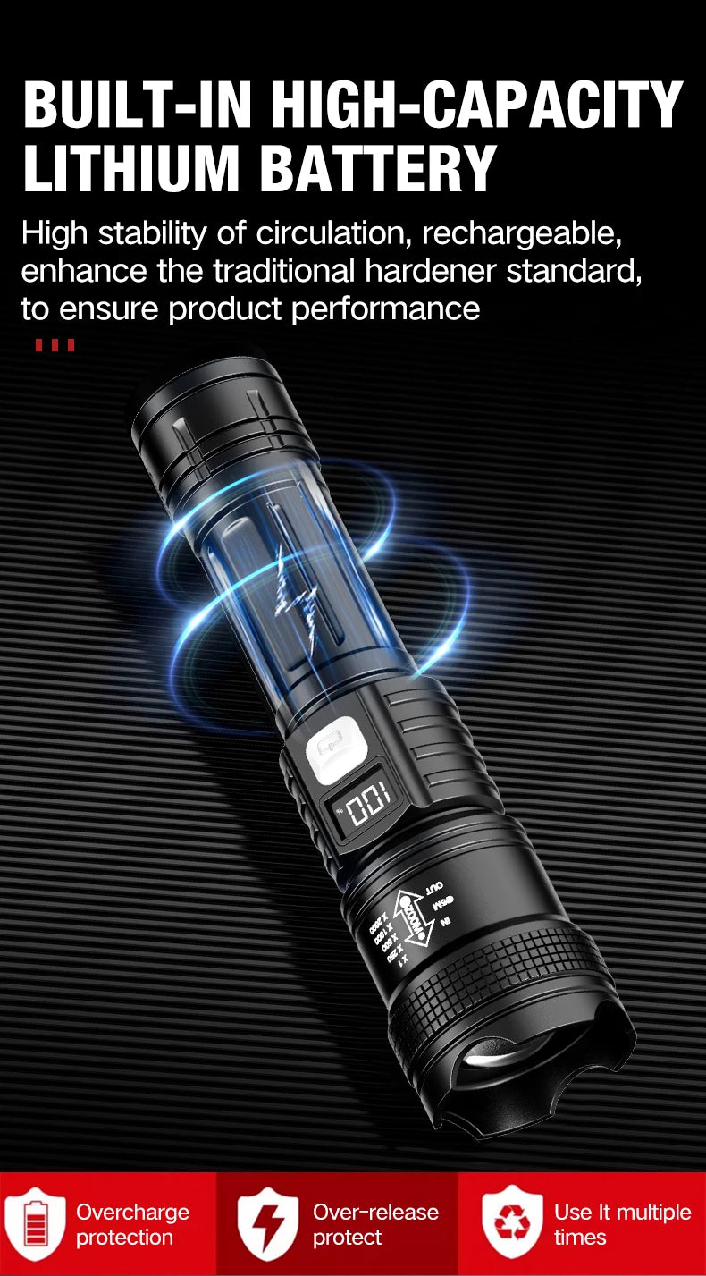 LED Flashlight Rechargeable Long-Beam Portable Outdoor Emergency Lighting With Long Battery Life, Suitable For Camping And Hiki
