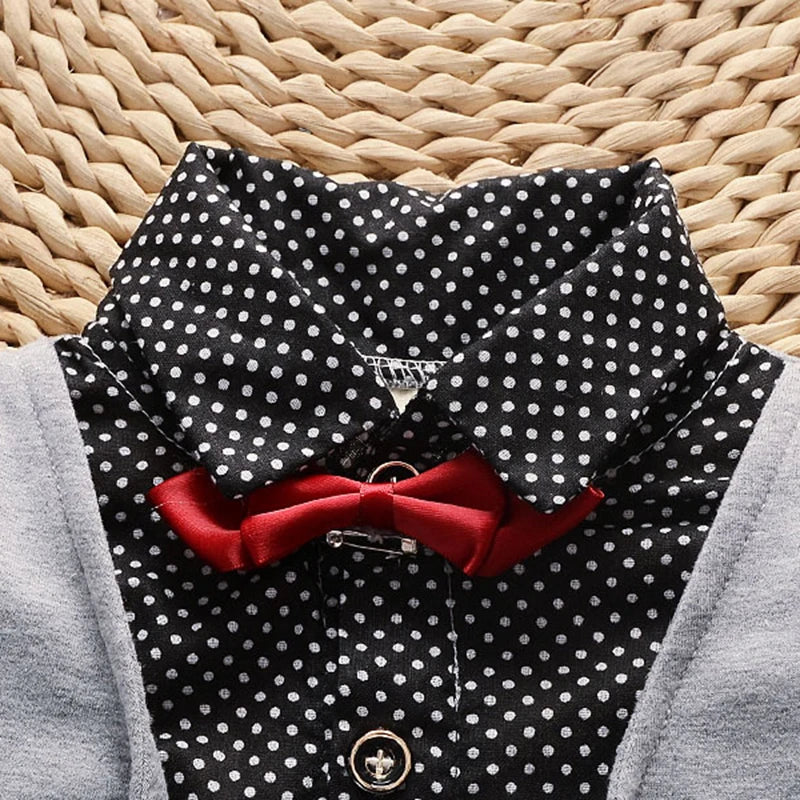 Spring and Autumn New Boys' Dot Colored Bow Knot Long Sleeve Pants Gentleman Two Piece Wedding Flower Children Polo Set for 1-5Y