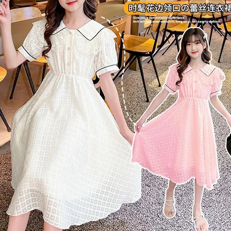 Children's Fashion Preppy Style Sailor Collar Loose Casual Robe Girls' Short Sleeve Sweet Bow Dress Children's Dresses