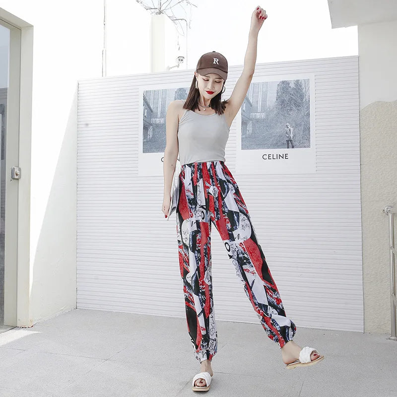 Women's Mosquito-proof Cotton Silk Beach Summer Casual Flower Pants Artificial Cotton Summer Sleeping Pants Thin Adult Bloomers