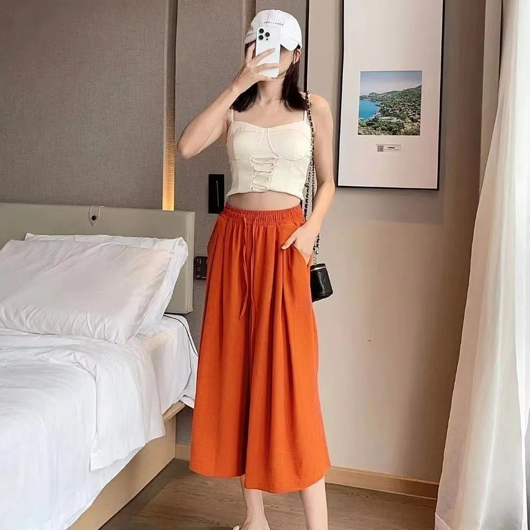 Summer Ice Silk Wide Leg Pants Women's Loose Casual Long Trousers High Waist Korean Sle Polyester Fiber Drapey Sumi Pants