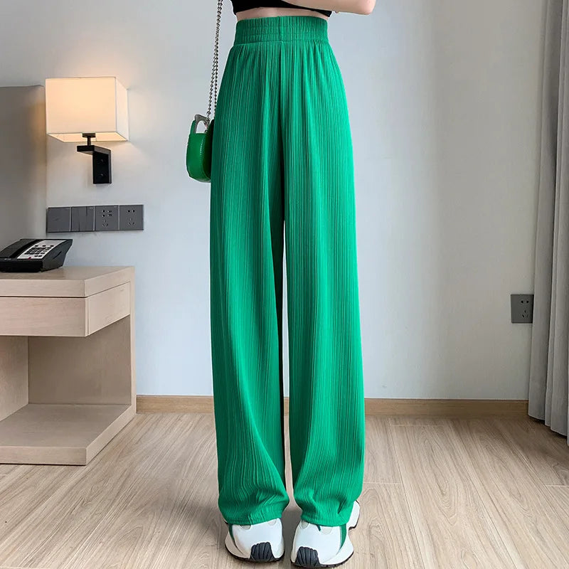 Korea Dongdaemun Ice Silk Wide-leg Pants Women's Thin Slimming Floor Pants White Striped Pants Y2K Fashion Pants Baggy