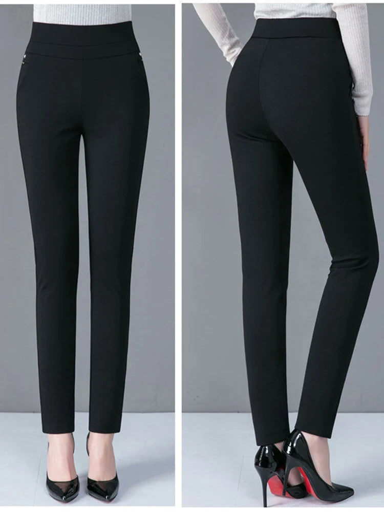 Autumn Winter Casual Elegant Office Slimming Solid Color Fleecing Thick Thin Women's Pants Elastic Waist Tight Pencil Pants