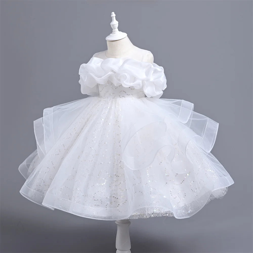 New Girl's Wedding Evening Dress Petal Sequin Mesh Sleeveless Dress Birthday Party School Graduation Party Dress