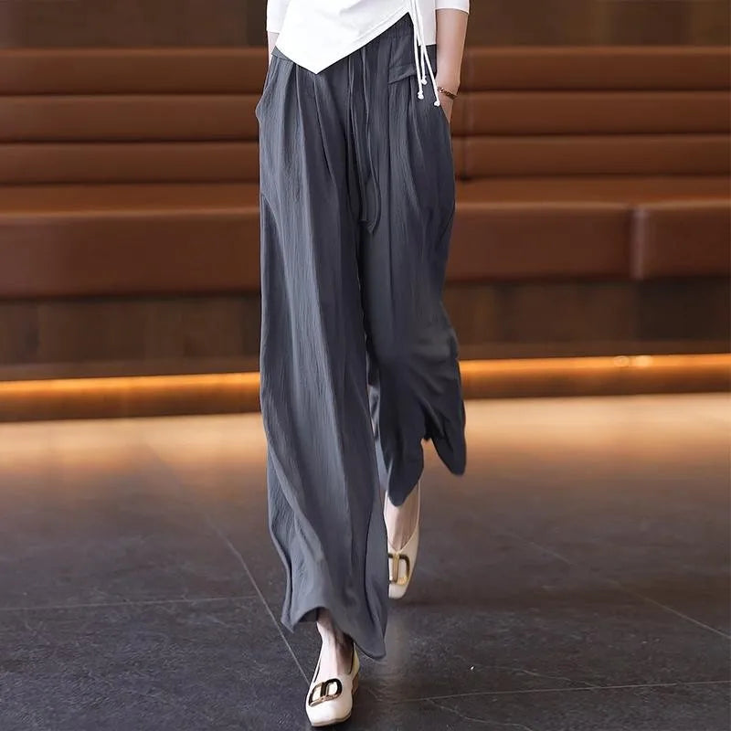 Summer Ice Silk Wide Leg Pants Women's Loose Casual Long Trousers High Waist Korean Sle Polyester Fiber Drapey Sumi Pants