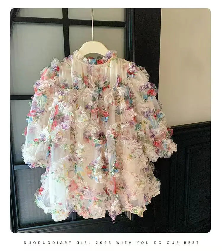 New Baby Girls floral print Fall Mesh Long Sleeve Dress Princess Kids Sweet Party Dresses
