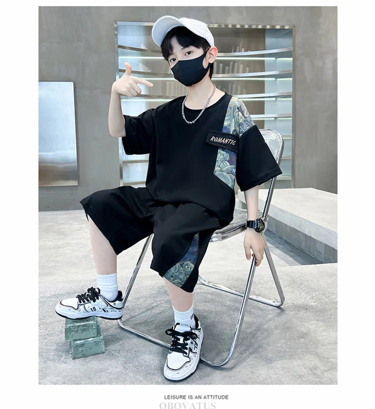 Boys Summer Suit Kids Short Sleeve T-Shirt Sports Casual Outfits for Teenage Boy Clothing Sets With Cartoon Bear