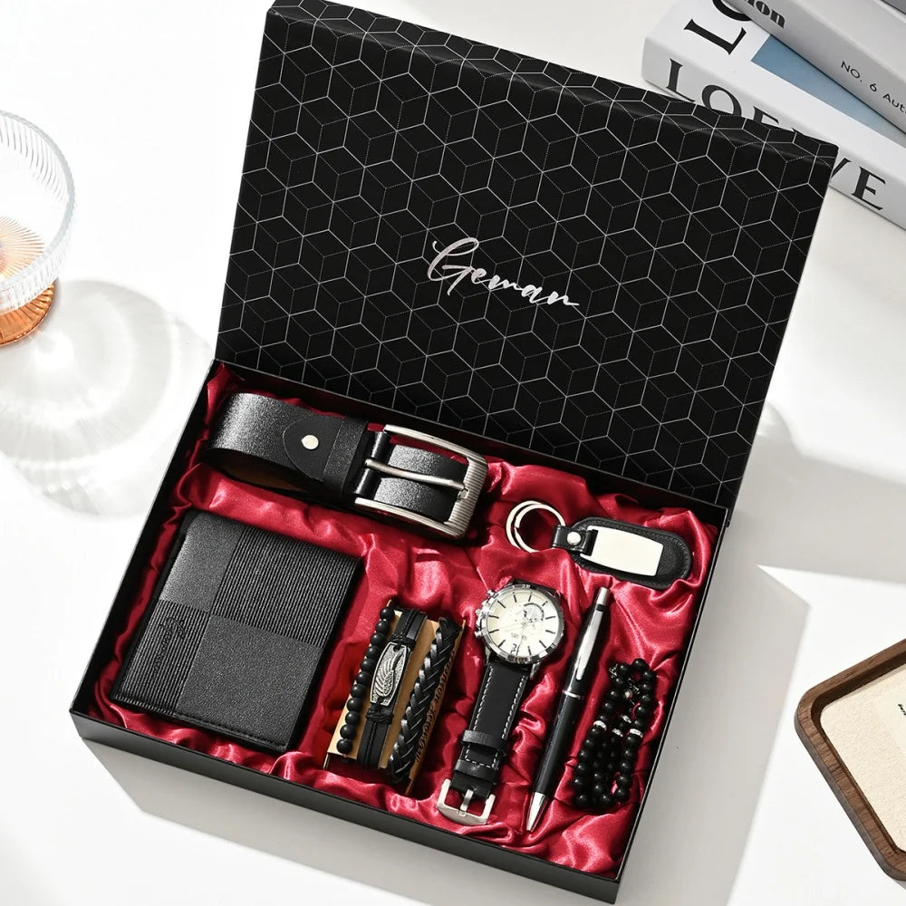 New Luxury Men's Accessory Set Watch Belt Wallet Pen Keychain Bracelet Cufflinks Sunglasses Gift Box for Dad Husband Boyfriend